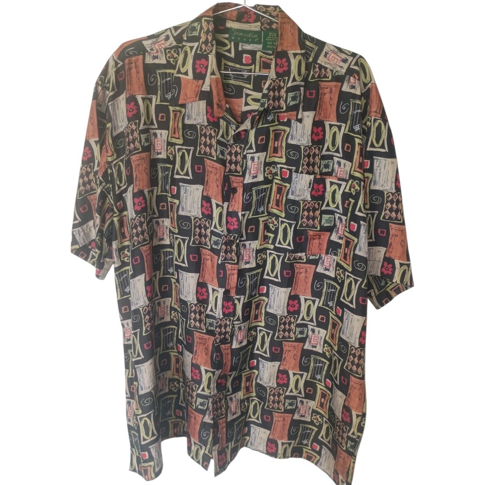 Scandia Woods Mens XL Silk Abstract Geometric Floral Button Down Shirt Black Y2K